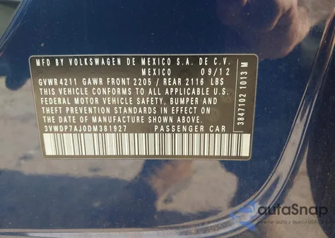 2013 Volkswagen Jetta 2.5L Se from USA, damaged, VIN 3VWDP7AJ0DM381927